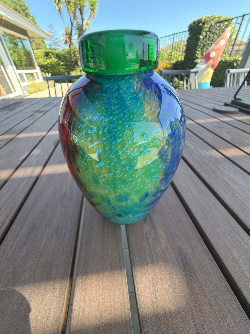 Franco Moretti Murano Art Glass Vase Green Red Blue with Gold Sparkles